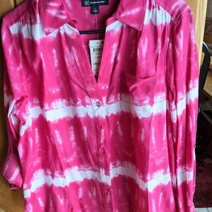 INC International Concepts Hot Pink & White Button Down/Collar Cotton Shirt Sz L